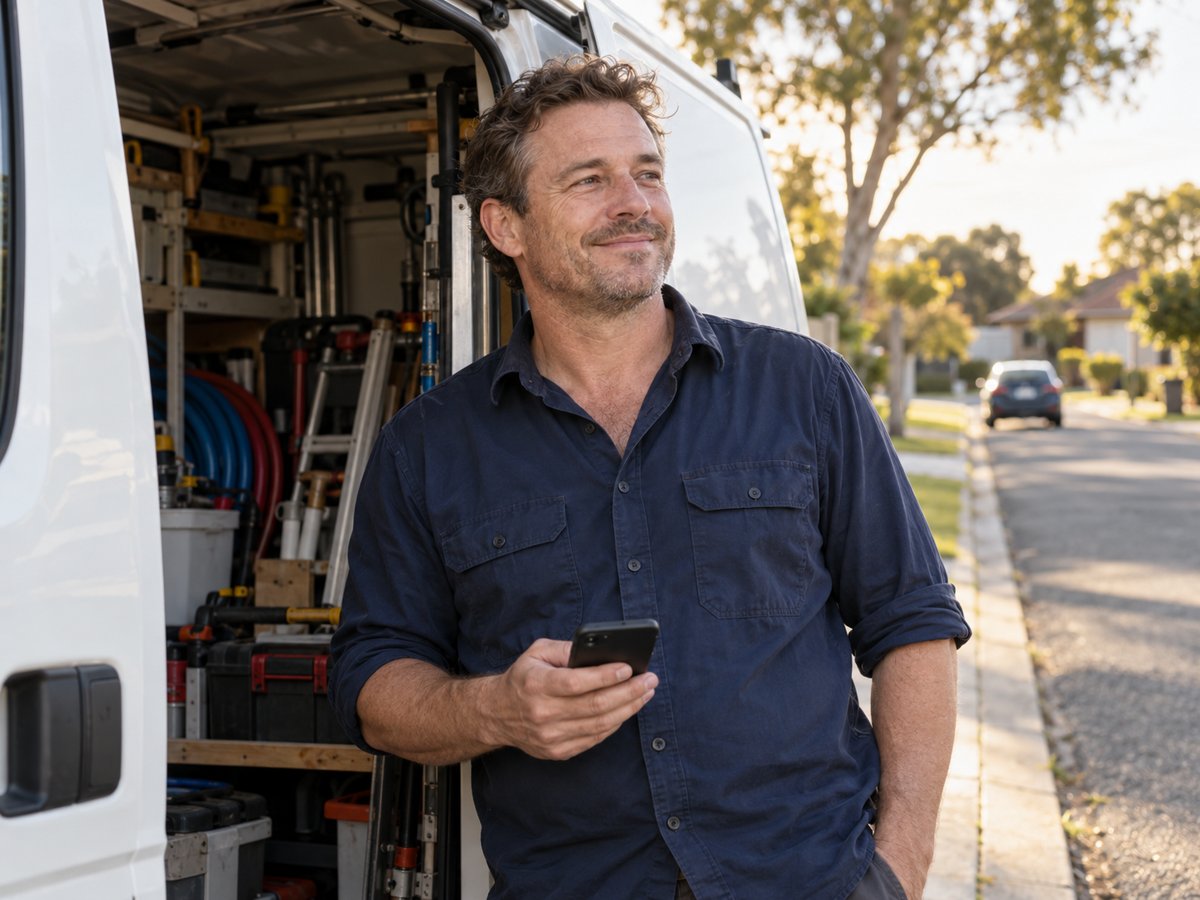 Illustrative plumber leaning on his work van, looking up from his phone